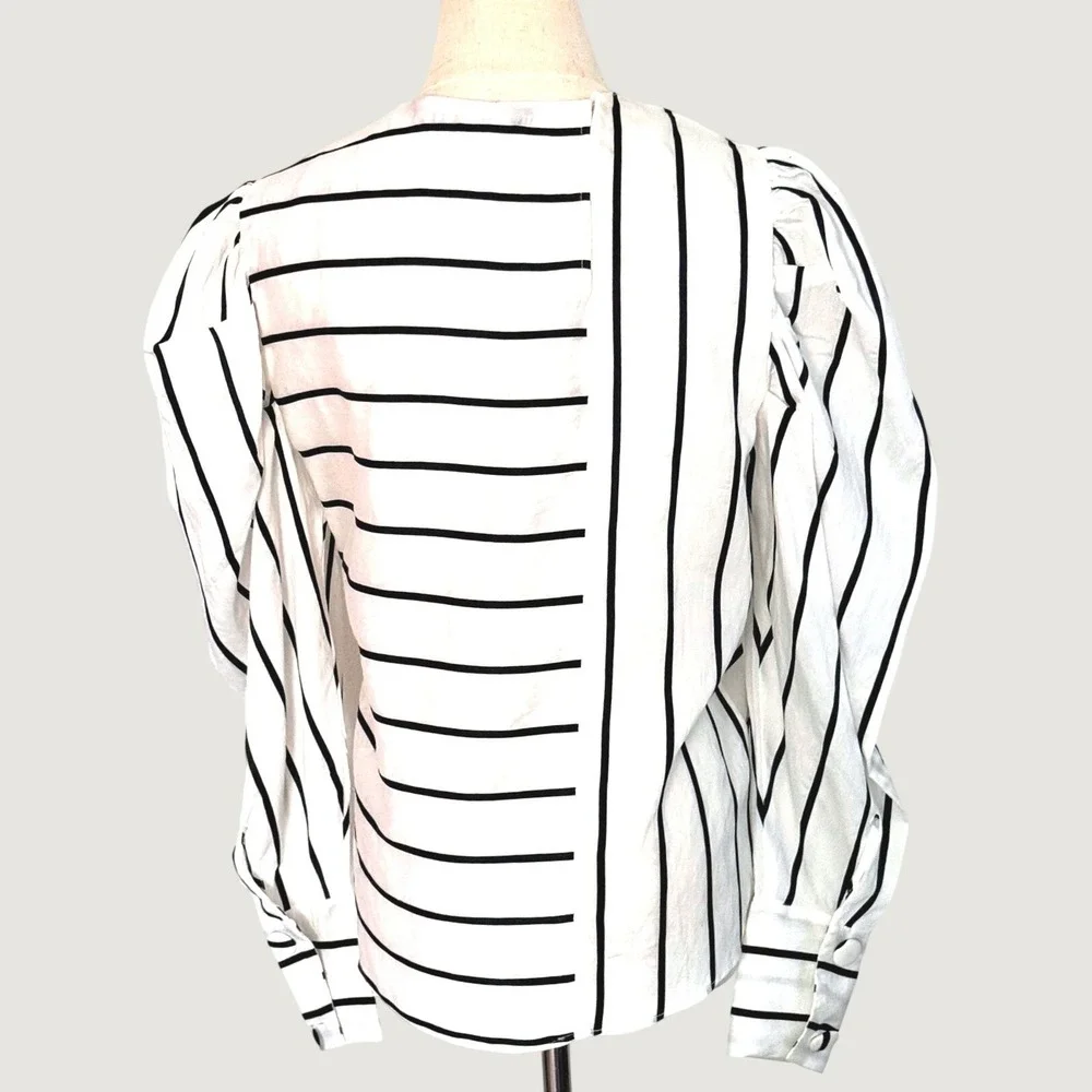 Zara Striped Puff Sleeve Blouse White Black Size Medium Cotton Blend Top